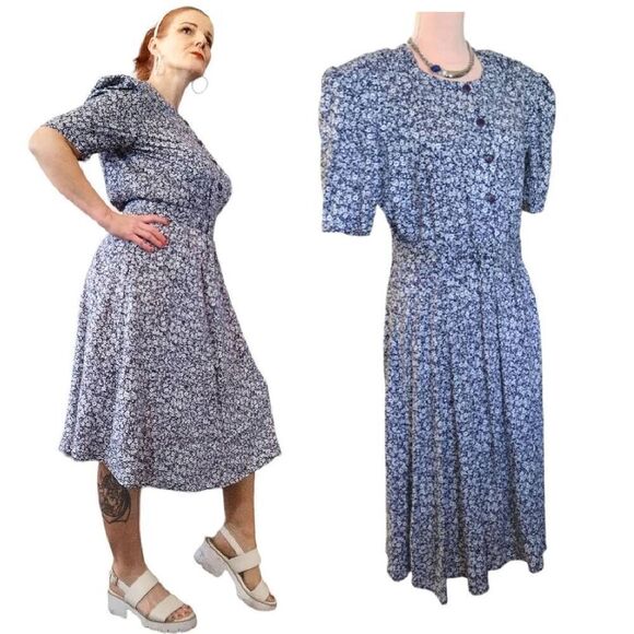 VTG 80s USA Blue White Floral Belted Secretary Midi Dress Size 10/ Medium - Picture 8 of 16